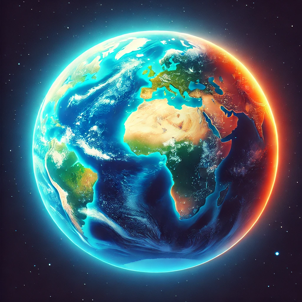 A vibrant depiction of Earth from space, showcasing its oceans and continents. Clear visibility of the major continents (e.g., Africa, Europe, Asia, the Americas, etc.). Different shades of blue for the oceans, with a glowing effect that emphasizes the Earth's beauty. Perhaps a soft outer glow around the Earth, symbolizing the planet's atmosphere.